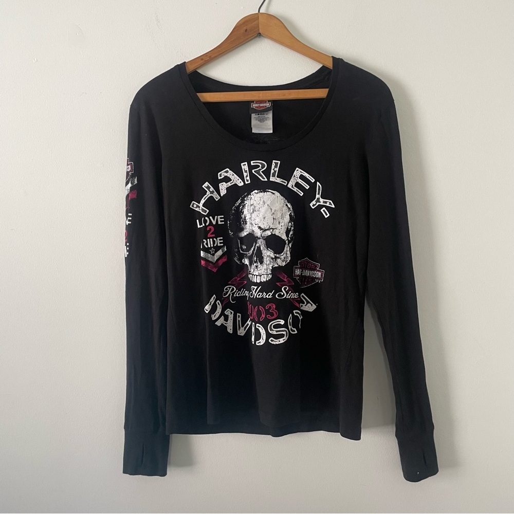 Harley Davidson Black Long Sleeve Skull White Pink Detail Tee Size Medium